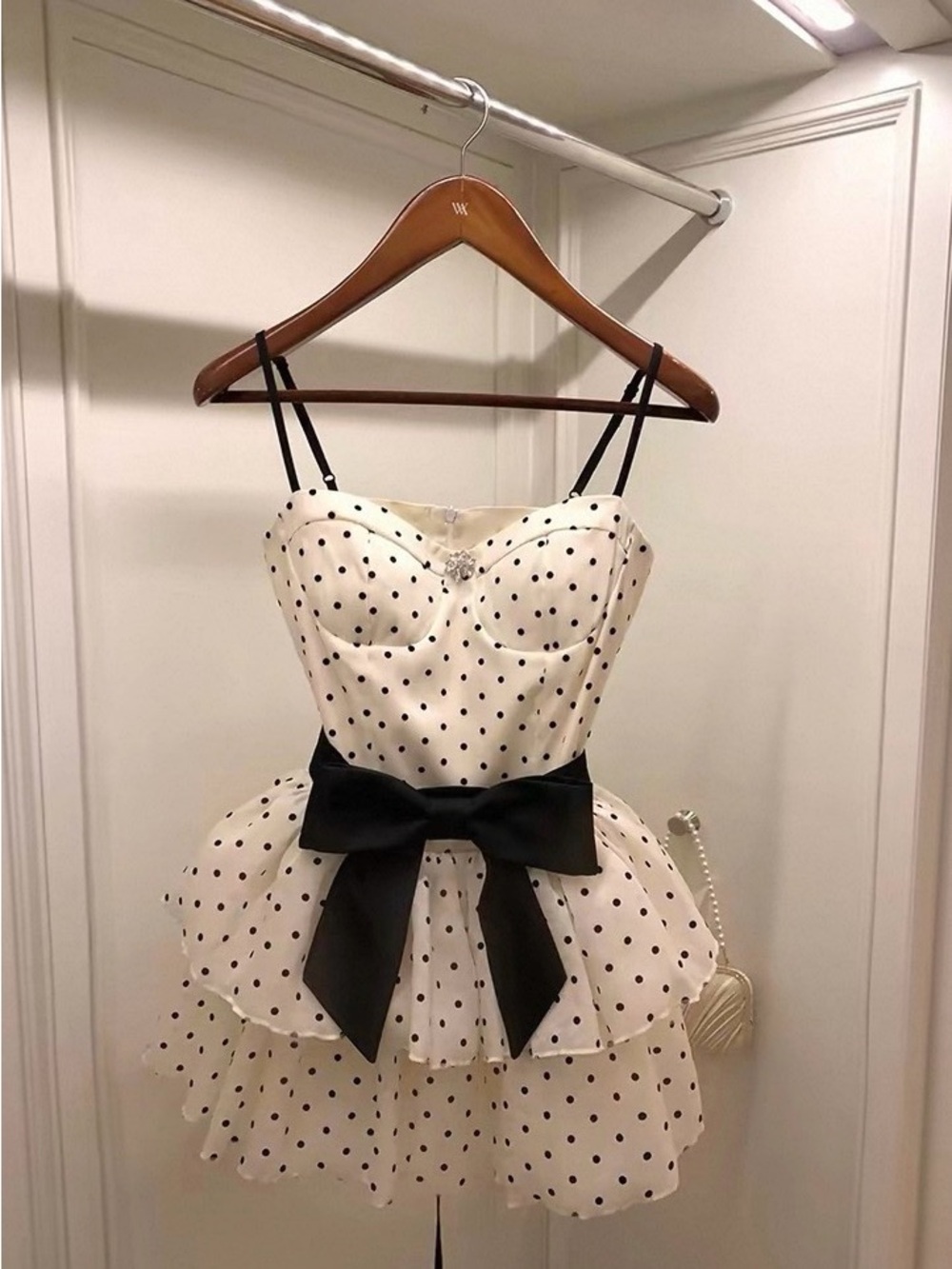 Polka Dot Tiered Mini Dress with Black Bow